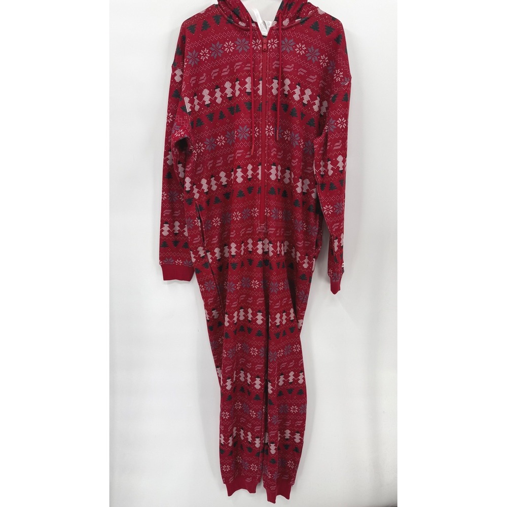 Fabletics XL One Piece Pajamas Mens Red Fair Isle Snowman Hooded Zip Loungewear